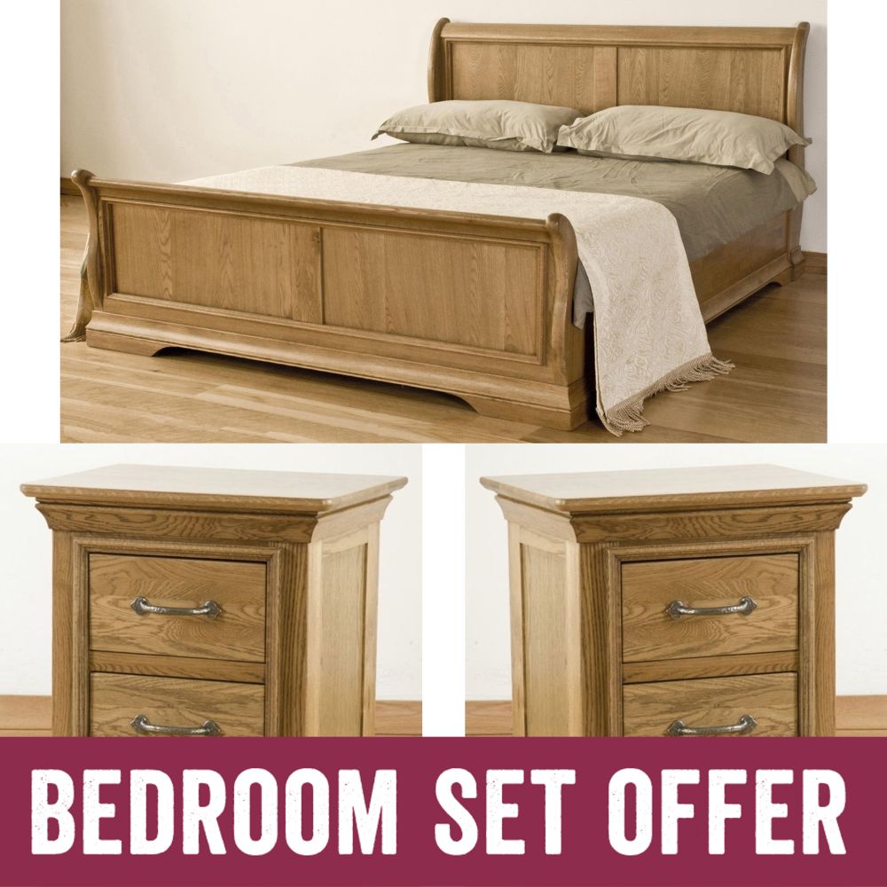 French Solid Oak Double Bed and Two Bedside Cabinets